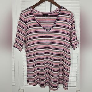 Lane Bryant Multi Colored V Neck Striped Rib Knit Shirt Sleeve T Shirt Sz 14/16